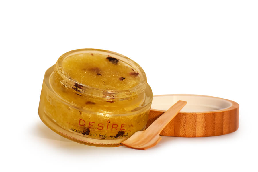 DESIRE - Sensual Sugar Body Scrub formulated with sugar, sensual aphrodisiac essential oils, and crushed rose petals